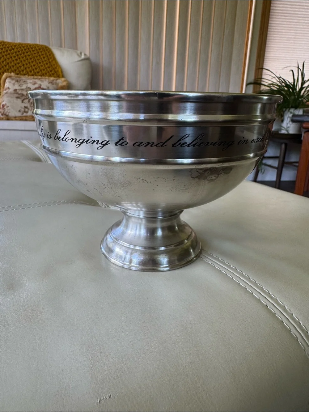 Pottery Barn Silver Pedestal Bowl with Family Script Accent